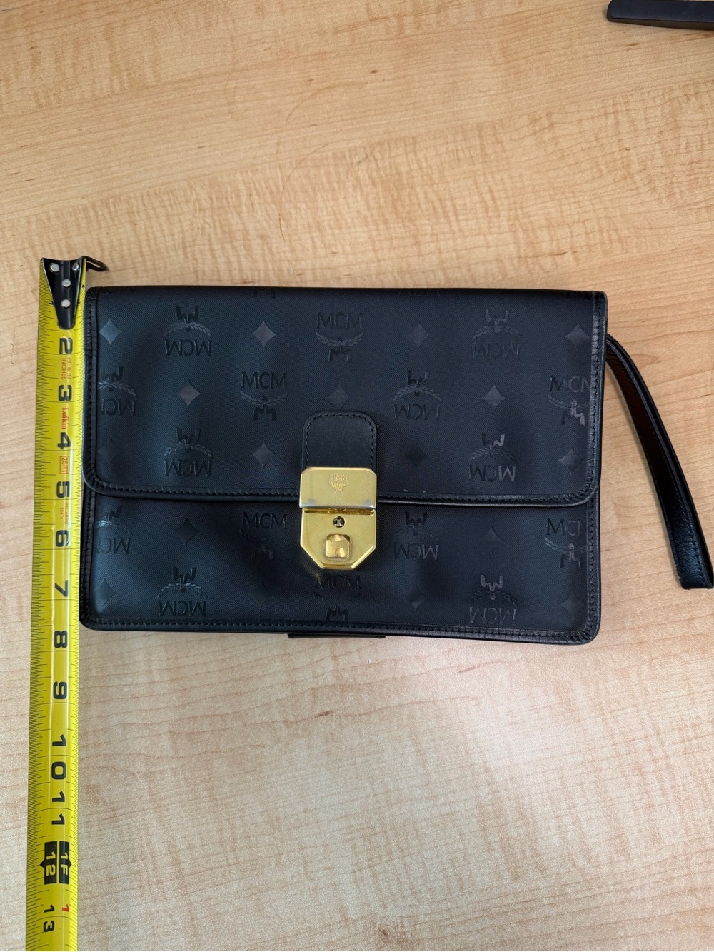 MCM Black Leather Wristlet Clutch with Gold-Tone Push Lock